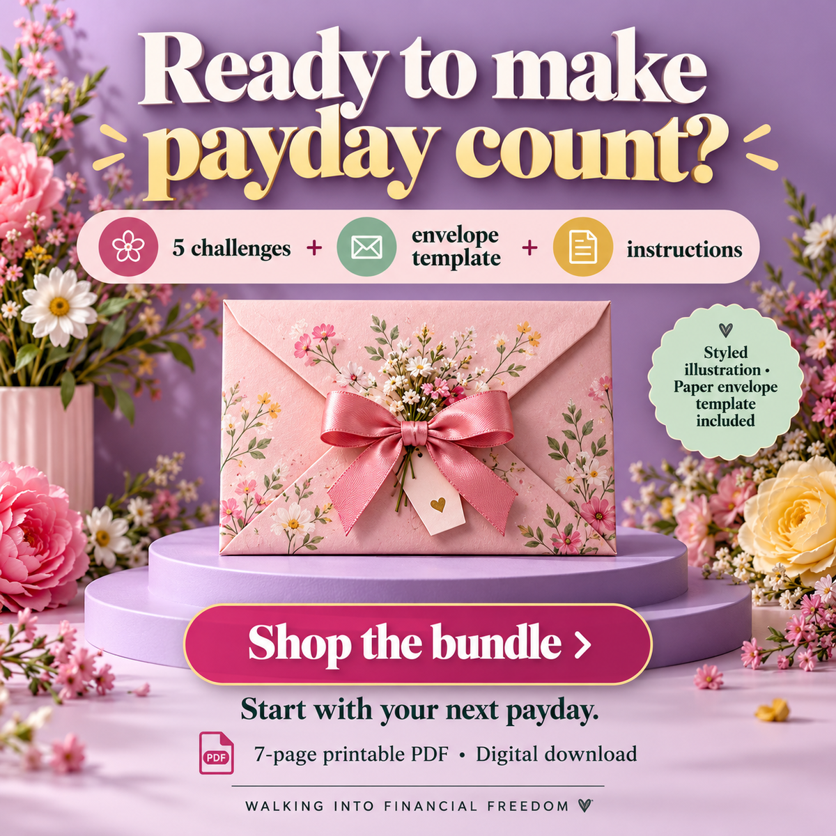 Blooming Payday Savings Bundle | 5 Savings Challenges + Cash Envelope | Printable PDF