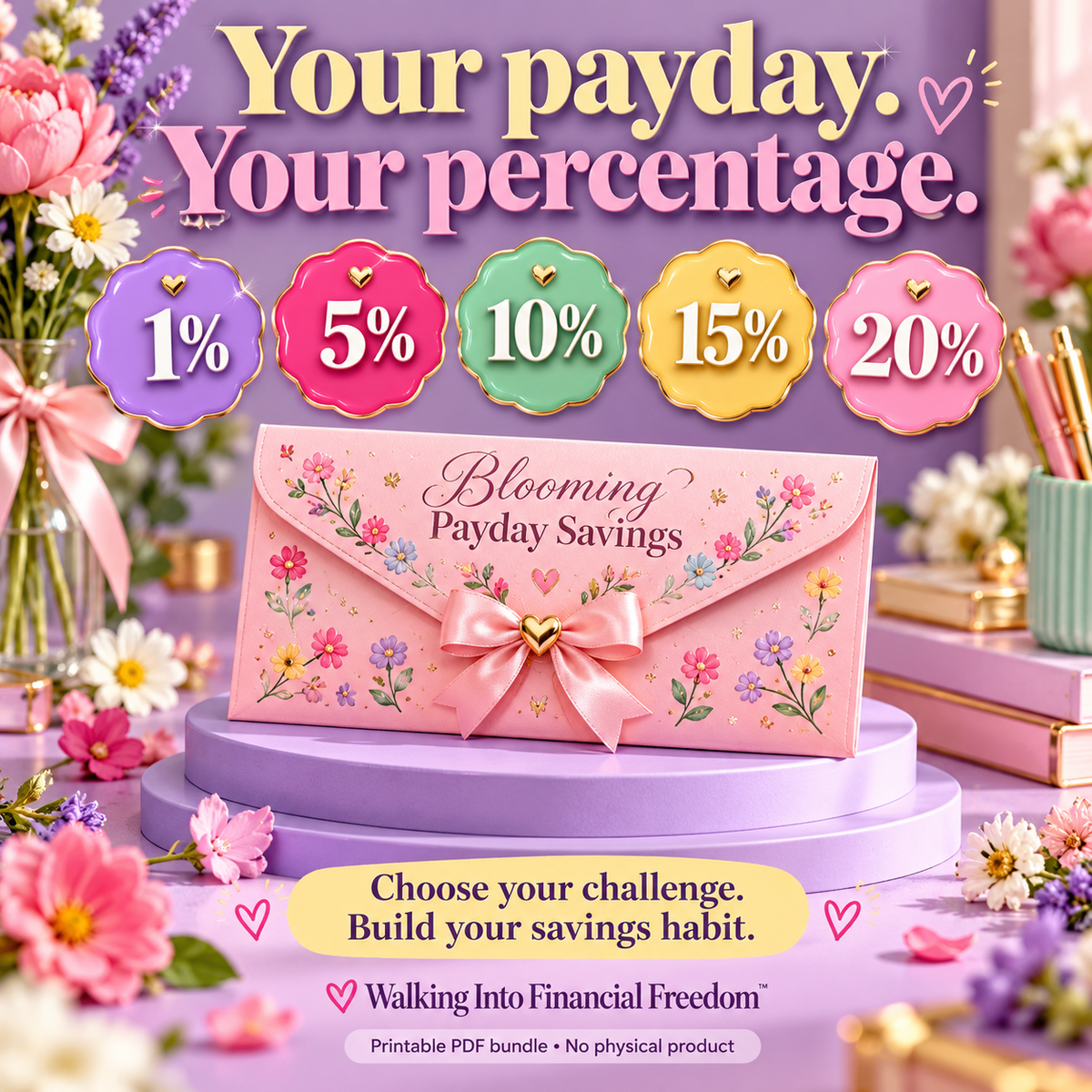 Blooming Payday Savings Bundle | 5 Savings Challenges + Cash Envelope | Printable PDF