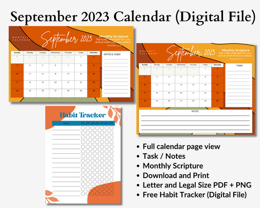 September 2023 Calendar (Digital Download) + Free Habit Tracker