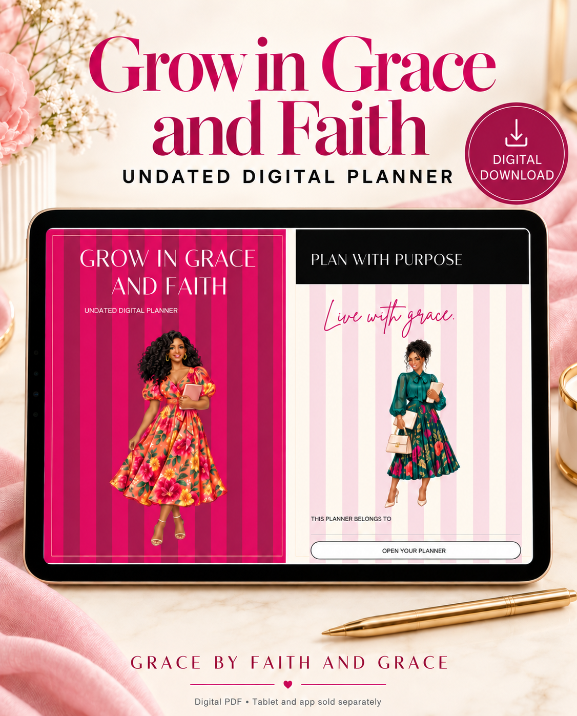 Grow in Grace and Faith | Undated Hyperlinked Digital Planner